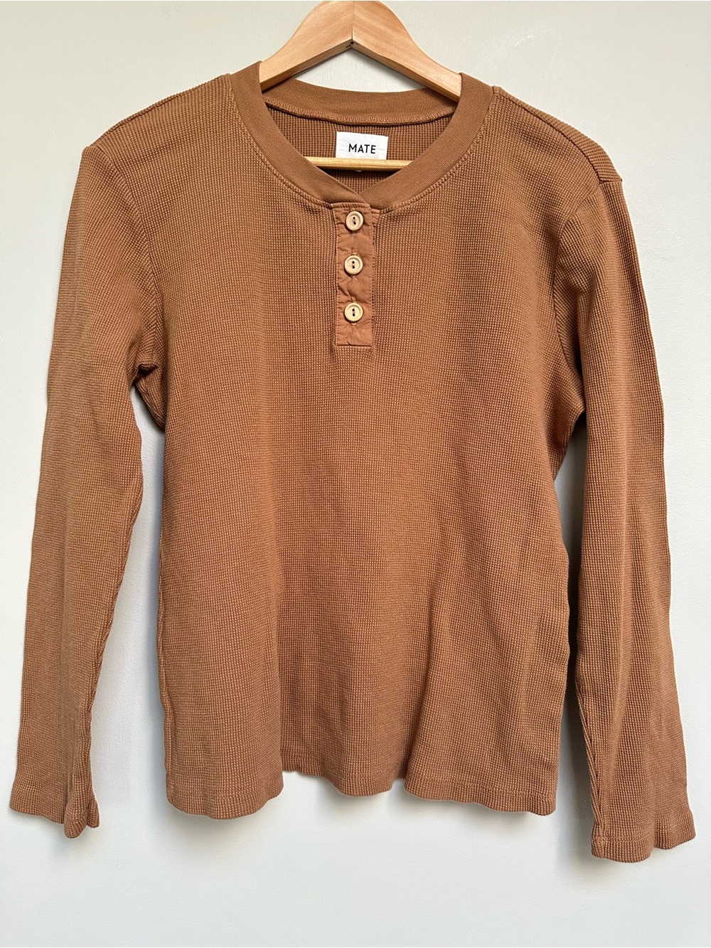 MATE Waffle Knit Henley Long Sleeve Top Honey Brown Organic Cotton Women’s Large